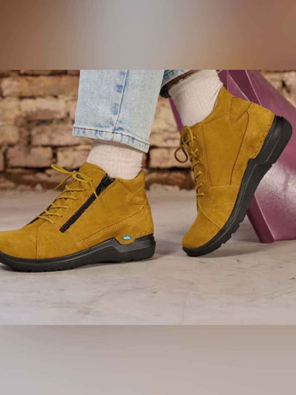 Wolky Mustard Why Suede Lace-Up Wedge Bootie with Side Zip